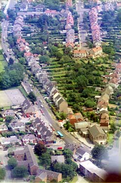 Aerial view of Bents Green and Ringinglow Road, showing Bents Green Methodist Church on the corner of Ringinglow Road and Knowle Lane.