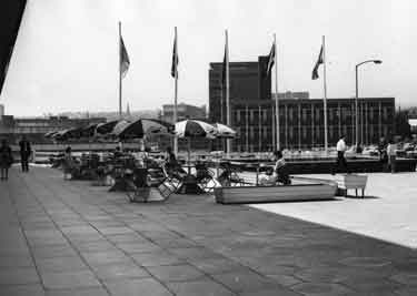Cafe area outside Pauldens Ltd., department store, on Charter Square 