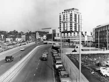 Charter Row looking towards Charter Square and the Grosvenor House Hotel (centre) and Pauldens Ltd., department store (right)