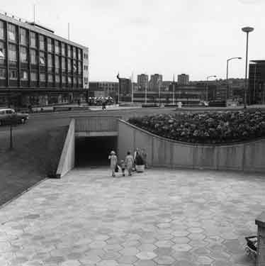 Pedestrian subway on Charter Square looking south west with Pauldens Ltd, department store (left)