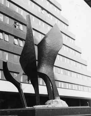 Crucible sculpture Fountain by Judith Bluck (unveiled 1979) outside Goverment Offices, The Moor