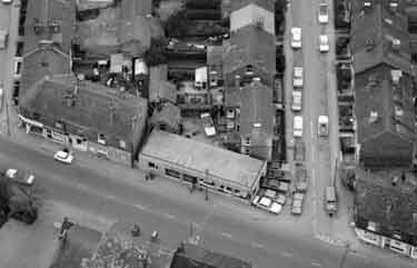Aerial view of Holme Lane at the junction with Wood Road showing Holme Motors Ltd. (Nos.128-134 Holme Lane)