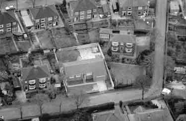 Aerial view of Wadsley Park Crescent, gardens of houses on Laird Road on the right.