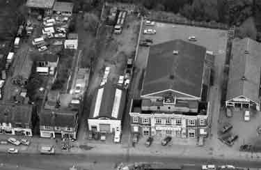 Aerial view of Catch Bar Lane at junction with Middlewood Road, Hillsborough showing (l.to r.) Middlewood Garage Co.Ltd., motor engineers, Supasave Supermarket (latterly Asda Supermarket) and Century Motors, car dealers