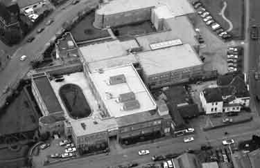Aerial view of Swann Morton Ltd., surgical blade manufacturers, Penn Works, junction of Owlerton Green and Penistone Road