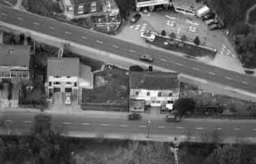 Aerial view of Loxley Road with High Bank garage on Wisewood Lane above.
