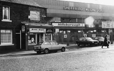 Leppings Lane showing (left) Phil and Sue's, general store and (centre) entrance to Hillsborough,Sheffield Wednesday's football ground