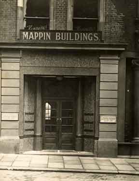 Entrance to Mappin Buildings, Norfolk Street showing the offices of Lewis, Rose and Co. Ltd., cutlery manufacturers