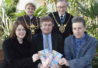 Lord and Lady Mayoress, Councillor Mike Pye and Mrs Pye (back row) with childrens' author Peter J. Murray (front right) and Head of Leisure Services, Keith Crawshaw (front centre) at the Sheffield Children's Book Award, 2004