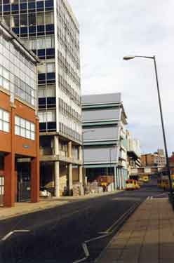 Pond Street, with Sheffield Hallam University buildings on the left.