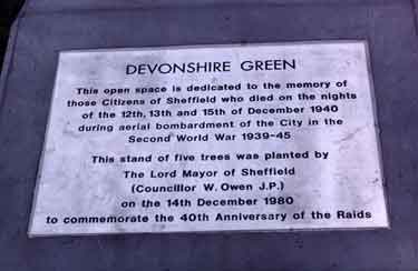 Plaque on Devonshire Green commemorating the air raids on the City during World War II
