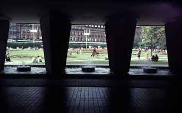 View of fountains under old Town Hall extension (known as the Egg Box (Eggbox)) showing (back) Peace Gardens
