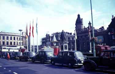 Taxi rank on Fitzalan Square during celebrations for the football World Cup showing (right) the Classic Cinema