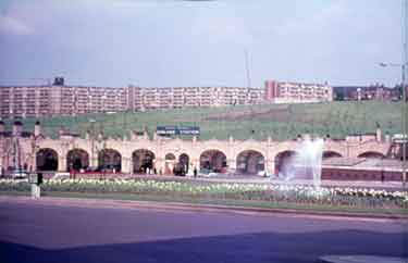Sheaf Square roundabout showing (centre) Sheffield Midland railway station and (back) Park Hill Flats