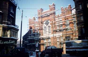 Salvation Army Citadel, Cross Burgess Street showing (left) A. Chevalier, gowns shop, No.68 Pinstone Street