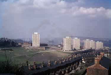 View over Netherthorpe and Upperthorpe from Crookes Valley Road showing (top left) Martin Street Flats, (left) Bromley Street and (centre) Blythe Street