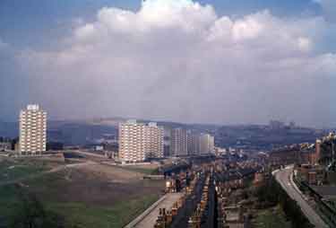 View over Netherthorpe and Upperthorpe from Crookes Valley Road showing (left) Martin Street Flats, (centre) Bromley Street and (right) Blythe Street 