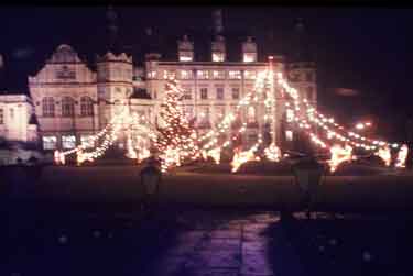 Christmas lights in the Peace Gardens showing the Town Hall in the background