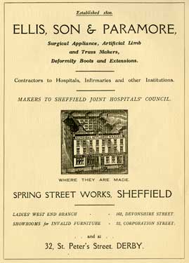 Advertisement for Ellis, Son and Paramore, surgical appliance manufacturers, Spring Street Works