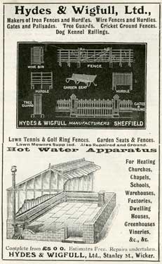 Advertisement for Hydes and Wigfull Ltd., iron fences, heating apparatus etc., Stanley Street, Wicker