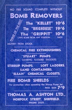 Advertisement for Thomas A. Ashton Ltd., bomb removers, fire bomb shields and extinguishers, etc., Norfolk Street