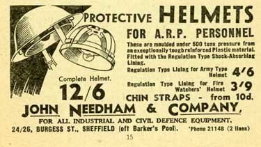 Advertisement for John Needham and Co., protective helmets for ARP personnel, Nos. 24 - 26 Burgess Street