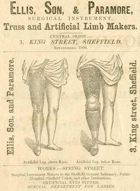 Advertisement for Ellis, Son and Paramore, surgical instrument, truss and artificial limb makers, King Street and Spring Street