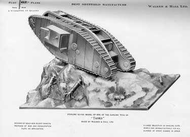 Sterling silver model of one of the earlier type of tanks, made by Walker and Hall Ltd., silversmiths