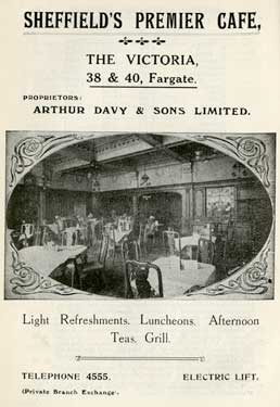 Advertisement for The Victoria, Sheffield's Premier Café, Nos. 38 and 30 Fargate Street
