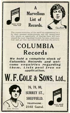 Advertisement for W. F. Cole and Sons Ltd., record shop, Nos. 76 - 80 Surrey Street