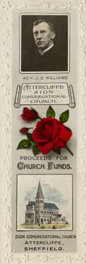 Commemorative book mark sold in aid of church funds showing Rev. J. E. Williams and Attercliffe Zion Congregational Church