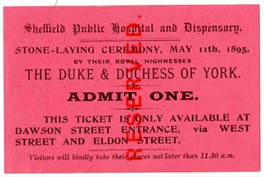Ticket to stone-laying ceremony for the Sheffield Public Hospital and Dispensary