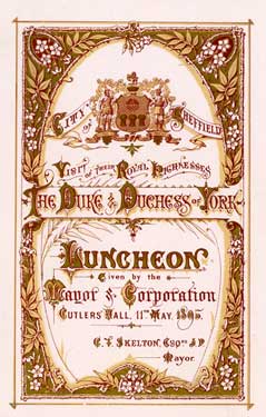 Cover of menu for luncheon given by the Mayor for the Duke and Duchess of York during their visit to Sheffield