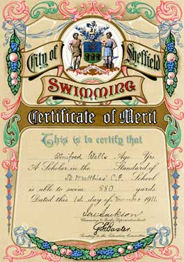City of Sheffield Swimming Certificate awarded to Winifred Wells of St Matthias School