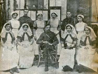 The Greystones Council School as a military hospital for the wounded. Our photo is of the chief doctor and nurses at the hospital. 