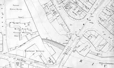 Naylor Vickers and Co., Millsands Steelworks, Exchange Brewery, Wicker Tilt, etc., Lady's Bridge on Ordnance Survey map