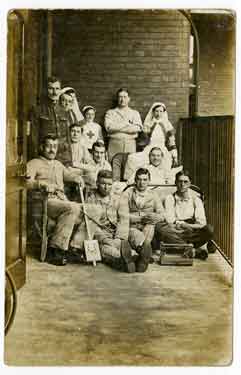 Unidentified soldiers of World War One (wearing their 'Blues') and nurses, possibly taken at Sheffield's Royal Hospital in 1916