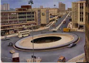 Elevated view of The Hole in The Road, Castle Square showing Midland Bank (left), Peter Robinson and C and A Modes (right) looking towards Arundel Gate