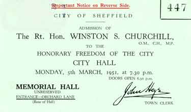 Ticket to the Admission of The Right Honourable Winston Leonard Spencer Churchill to the Honorary Freedom of the City