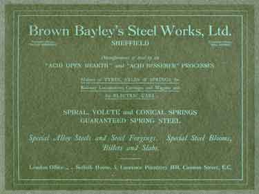 Advertisement for Brown Bayley's Steel Works Ltd., Leeds Road, c.1920s