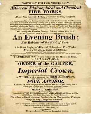 Advertisement for Aethereal Philosophical and Chemical Fireworks by Mr Clarke at the Freemason's Lodge, Paradise Square