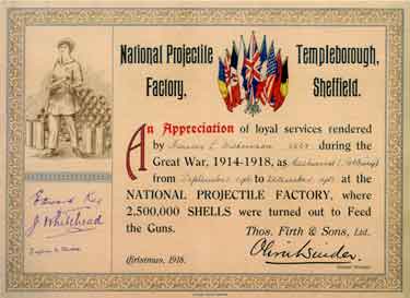 Certificate of Appreciation (Sep 1916 to Dec 1918) awarded to Frances L. Dickinson (5508) (Born 1898) during the Great War as a Machinist (Nobbing), National Projectile Factory, Templeborough