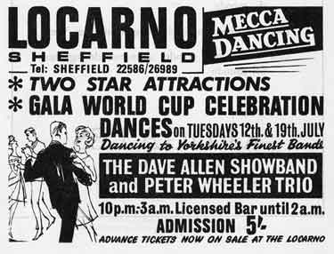 Advertisement for Gala World Cup Celebration Dances, The Locarno, junction of London Road and Boston Street
