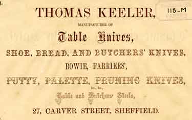 Advertisement for Thomas Keeler, manufacturer of table knives, etc., 27 Carver Street