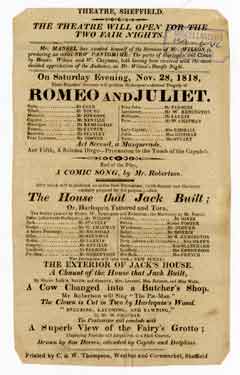 Sheffield Theatre Bill - Shakespeare's admired tragedy of Romeo and Juliet, and an entire new pantomime, the House that Jack Built, or, Harlequin Tattered and Torn
