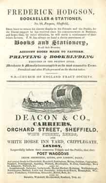 Advertisement for Frederick Hodgson, bookseller and stationer, No. 19 Fargate and Deacon and Co., carriers, Orchard Street, Sheffield