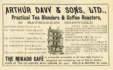 Advertisement for Arthur Davy and Sons Ltd., practical tea blenders and coffee roasters, No. 21 Haymarket