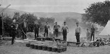 Army cooks. This picture represents the cooks of the Yorkshire Light Infantry at Kilgooly Camp, during the Irish Manoeuvres in 1896