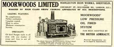 Advertisement for Moorwoods Ltd., ships cooking apparatus manufacturers, Harleston Iron Works, Harleston Street
