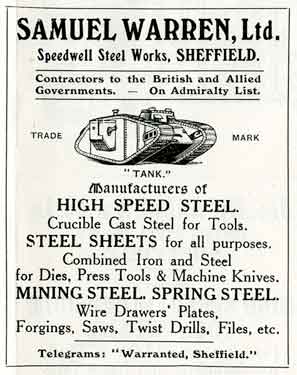 Advertisement for Samuel Warren Ltd., Speedwell Steelworks, Sidney Street